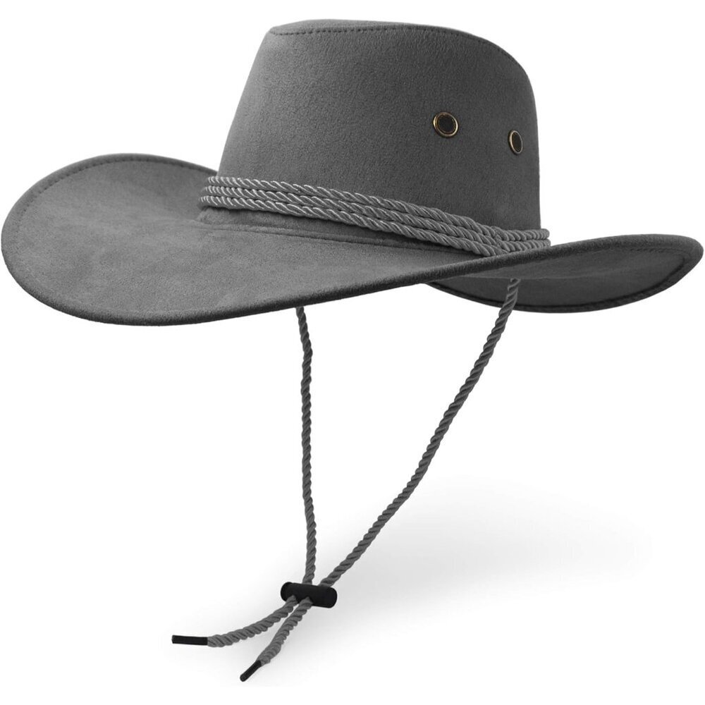 Unisex Grey Faux Wide Brim with Braided Band Chin Strap Classic Cowboy Felt Hat